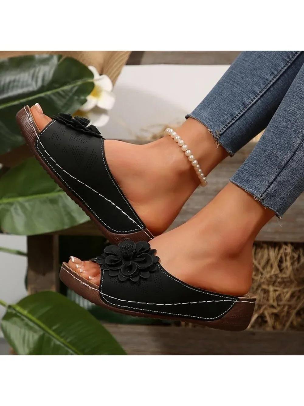 Women's Black Faux Leather Summer Wedge Low Open Toe Slides Dressy Flower Sandal